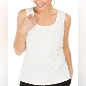 Kasper Size Large Ivory Textured Sequin Sleeveless Jewel Neck Tank Top